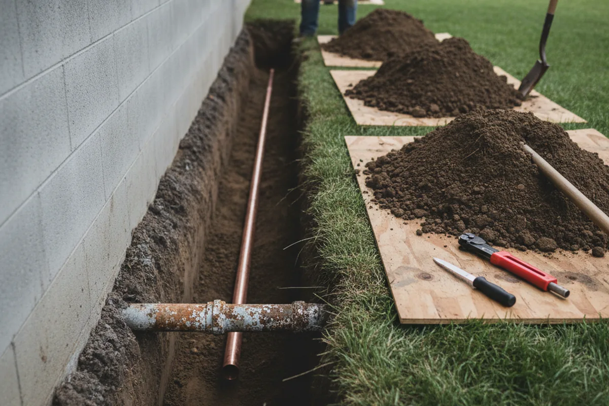 Excavated water line trench during Water Heater Repair in Cayce